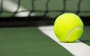 Una pallina da tennis che rimbalza su una riga di un campo con superficie verde