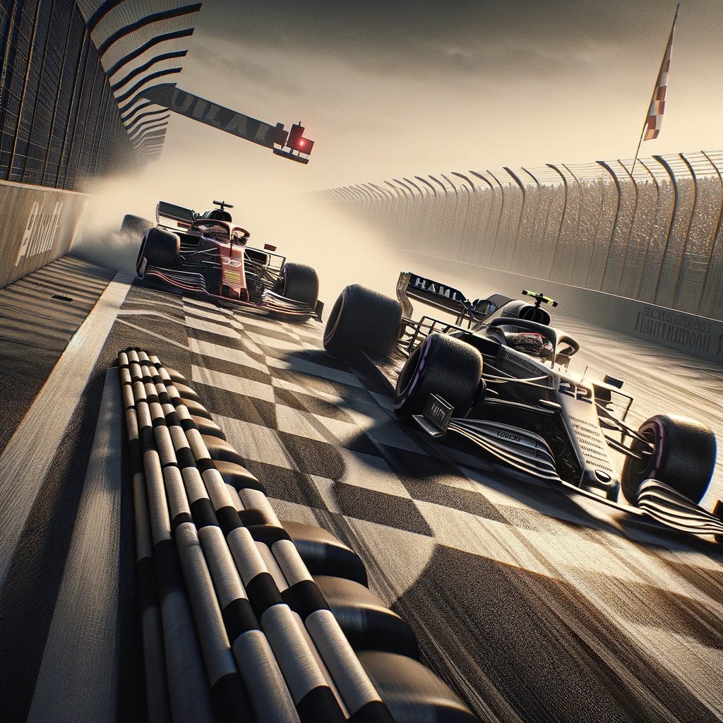 Due auto in una scena di Testa a Testa emozionante, una accanto all'altra in una curva del circuito, con un'intensa competizione di sorpasso, riflettendo lo spirito delle scommesse in Formula 1
