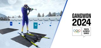 un atleta di biathlon sulla neve con logo delle olimpiadi invernali 2024