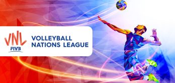 figura di pallavolista sui toni del blu e del viola con logo Volleyball Nations League